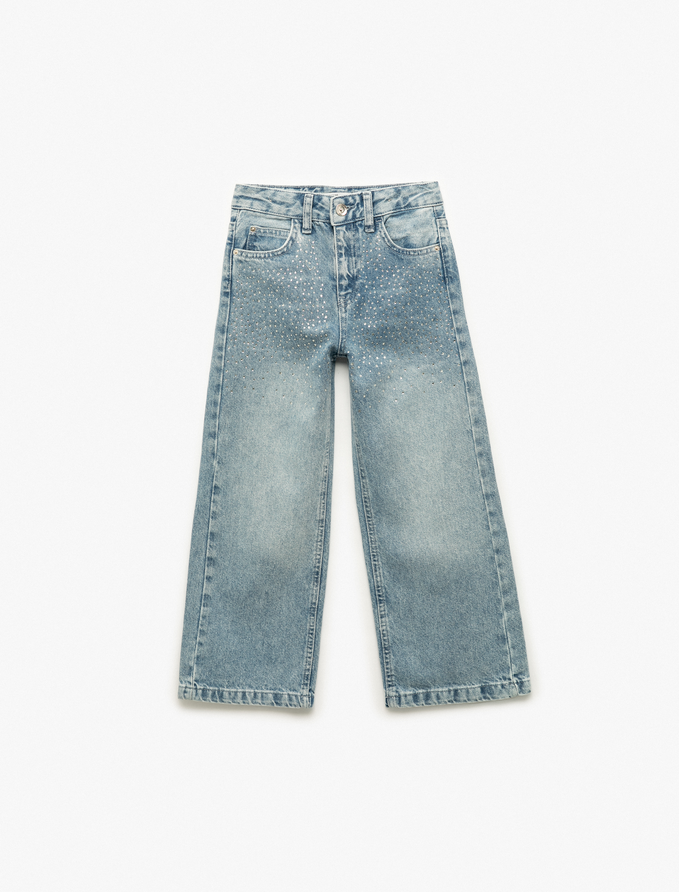  Kız Çocuk Pamuklu Taş Detaylı Geniş Paça Denim Pantolon