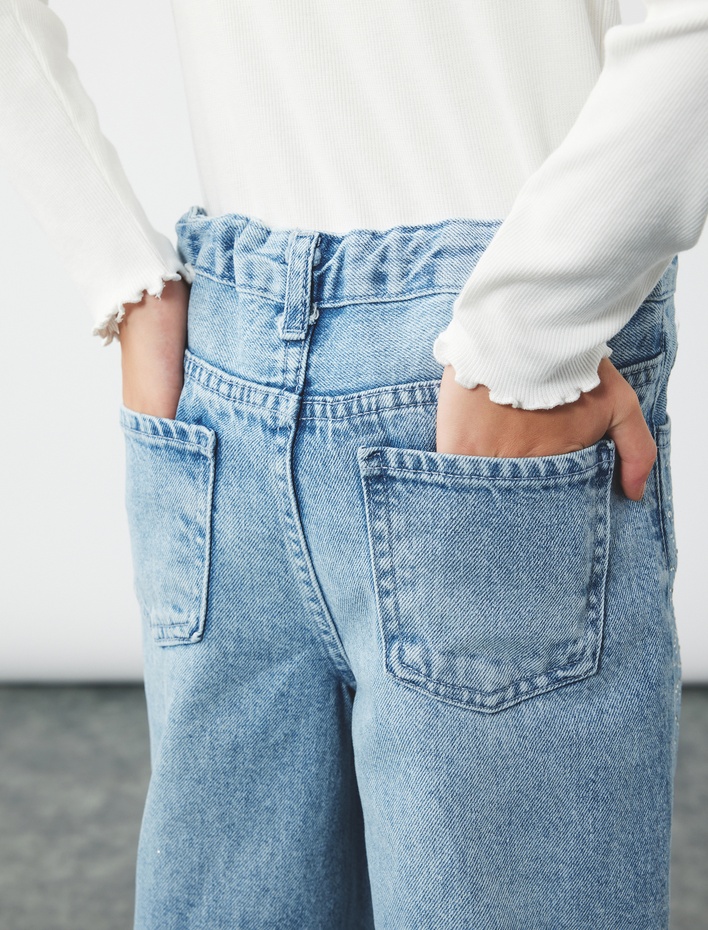 Kız Çocuk Pamuklu Taş Detaylı Geniş Paça Denim Pantolon