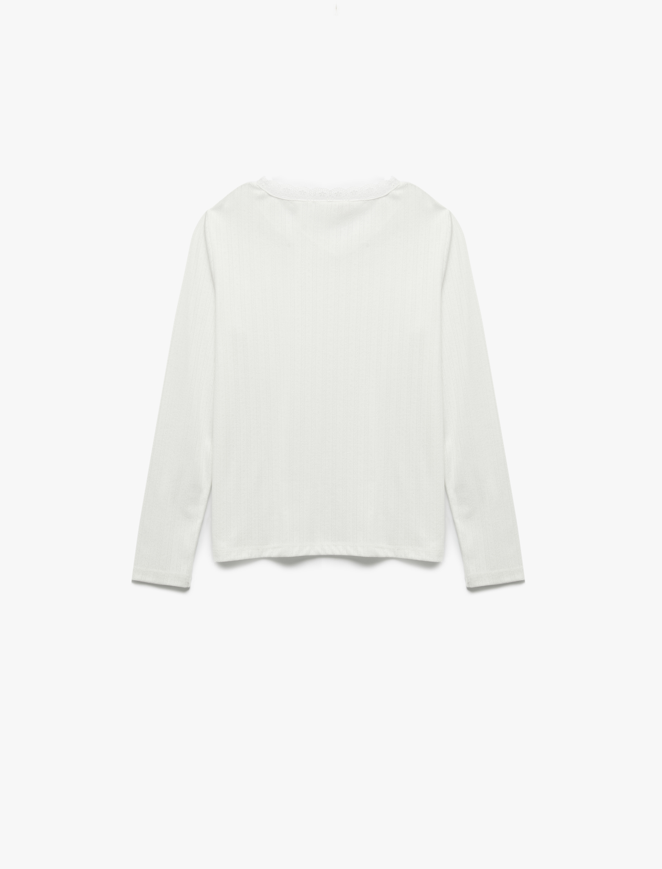  Kız Çocuk Dantel Yaka Detaylı Uzun Kollu V Yaka Tişört