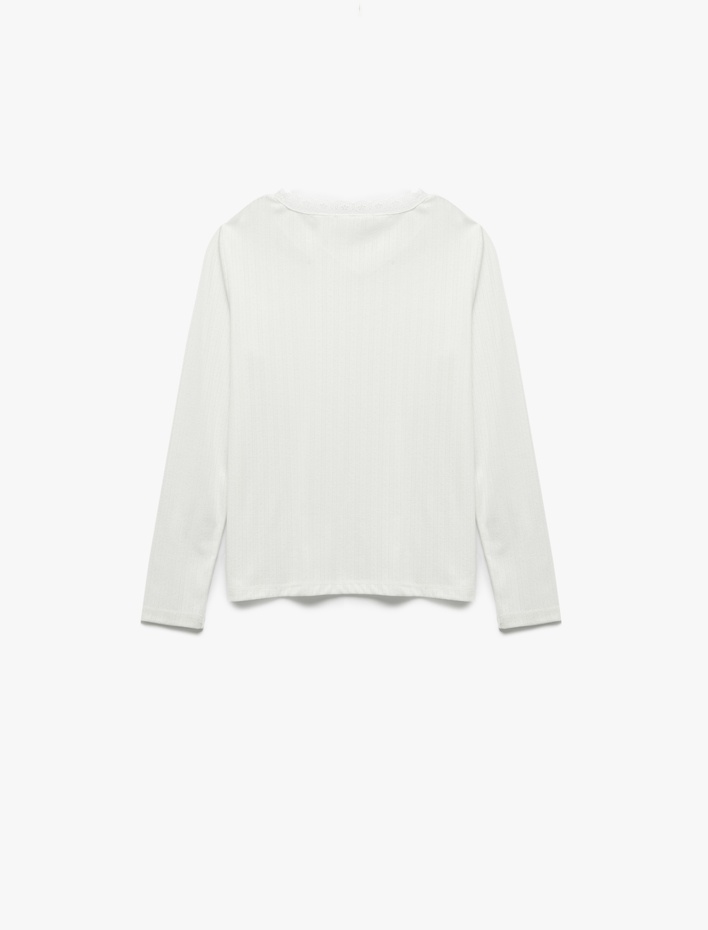 Kız Çocuk Dantel Yaka Detaylı Uzun Kollu V Yaka Tişört