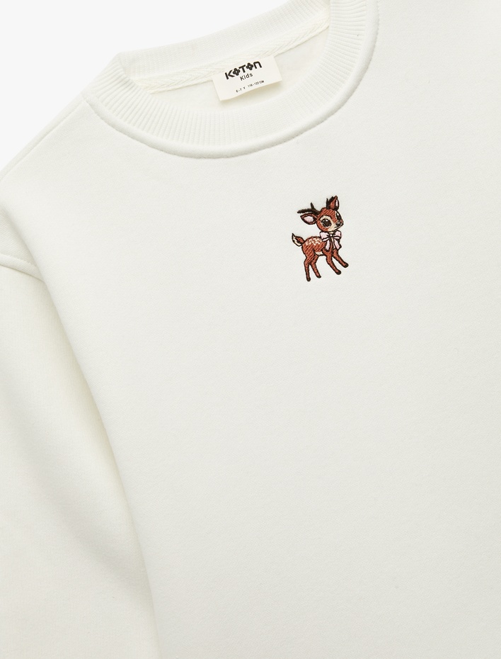 Kız Çocuk Geyik Nakış Detaylı Uzun Kollu Bisiklet Yaka Şardonlu Sweatshirt