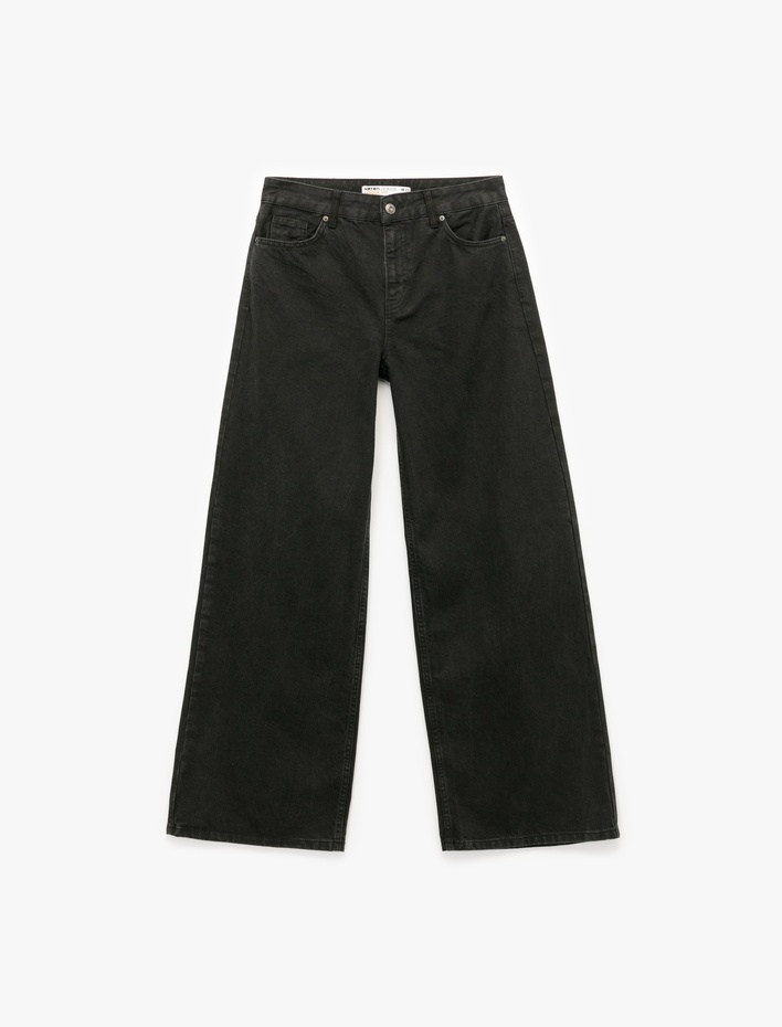  Normal Bel Cepli Düğmeli Pamuklu Rahat Kesim Geniş Paça Jean Pantolon - Loose Straight Fit Jeans