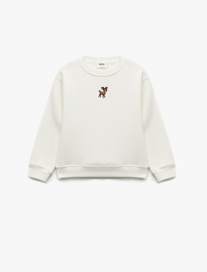  Kız Çocuk Geyik Nakış Detaylı Uzun Kollu Bisiklet Yaka Şardonlu Sweatshirt