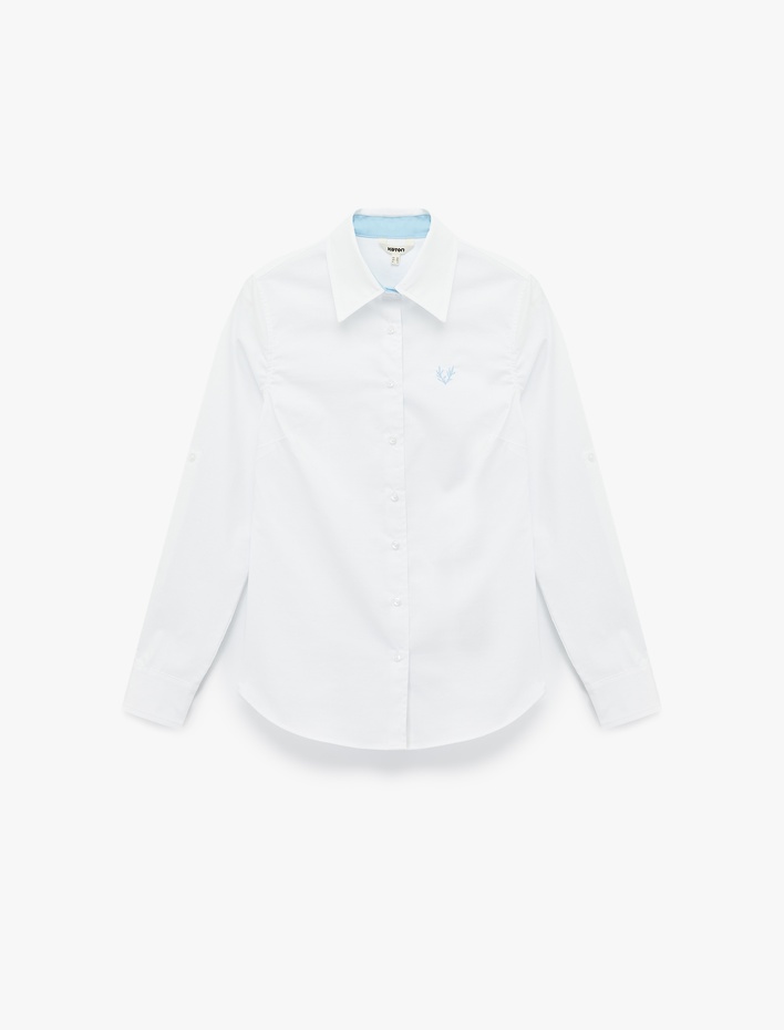  Pamuklu Slim Fit Uzun Kollu İşleme Detaylı Poplin Gömlek