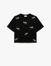 Pamuklu Bisiklet Yaka Fiyonk Baskılı Kısa Kollu Tişört