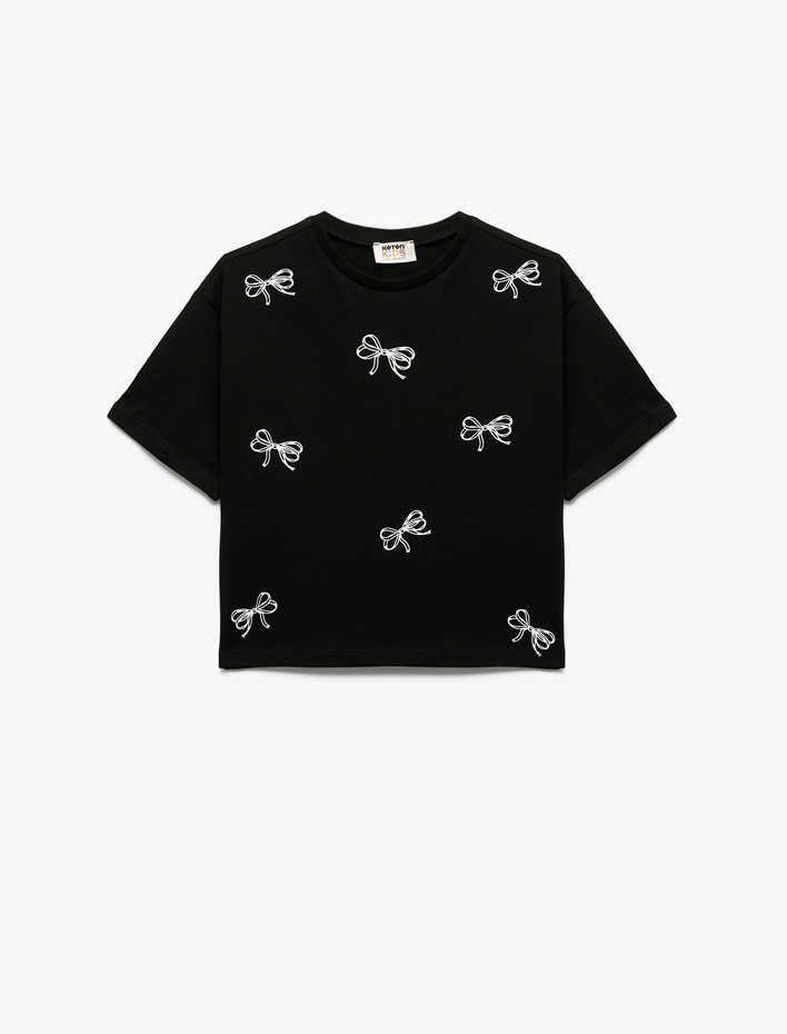 Kız Çocuk Pamuklu Bisiklet Yaka Fiyonk Baskılı Kısa Kollu Tişört