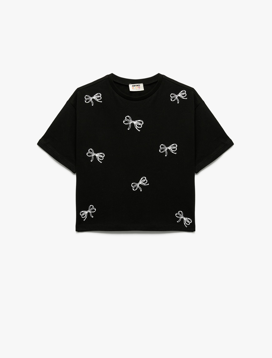 Koton Pamuklu Bisiklet Yaka Fiyonk Baskılı Kısa Kollu T-Shirt