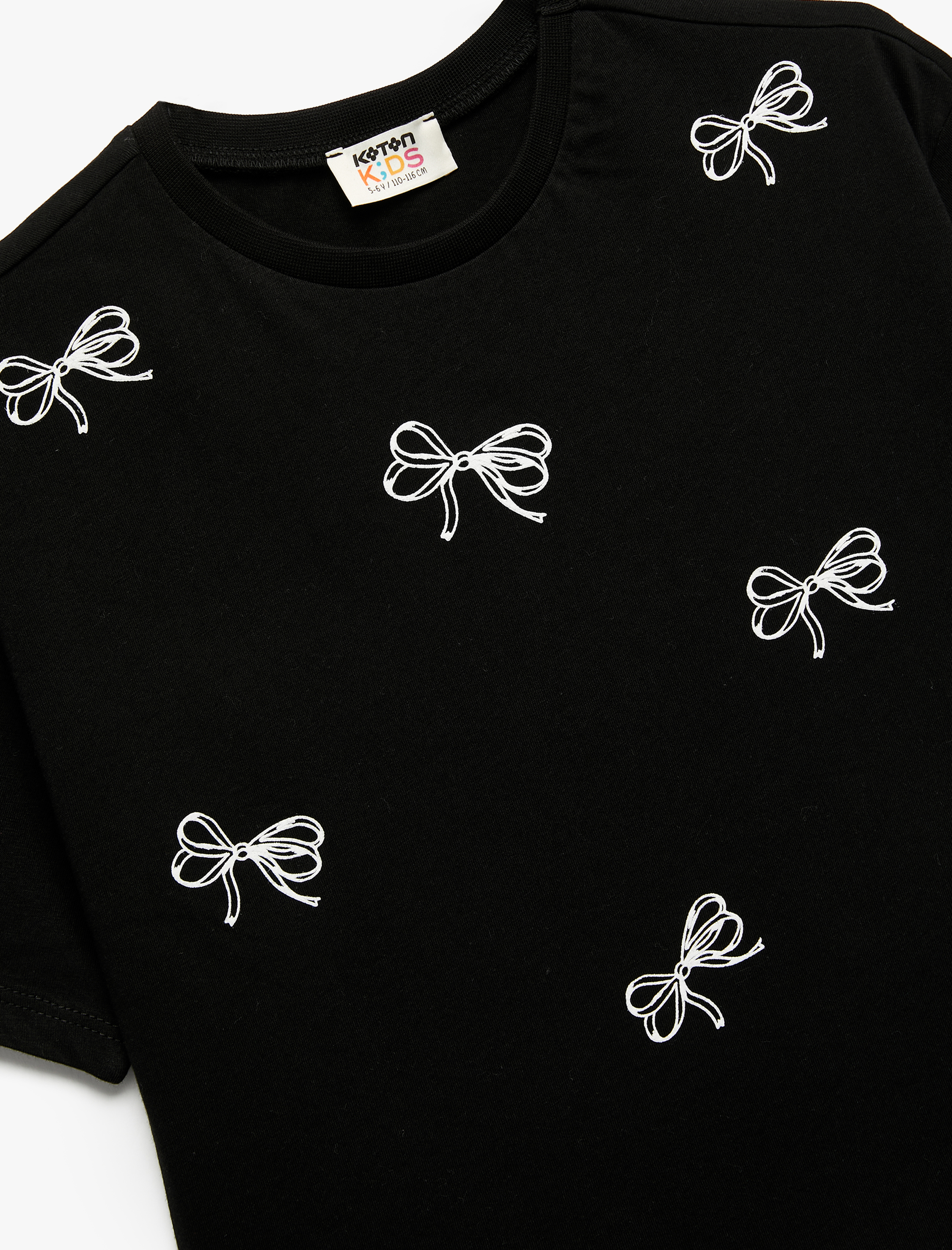  Kız Çocuk Pamuklu Bisiklet Yaka Fiyonk Baskılı Kısa Kollu Tişört