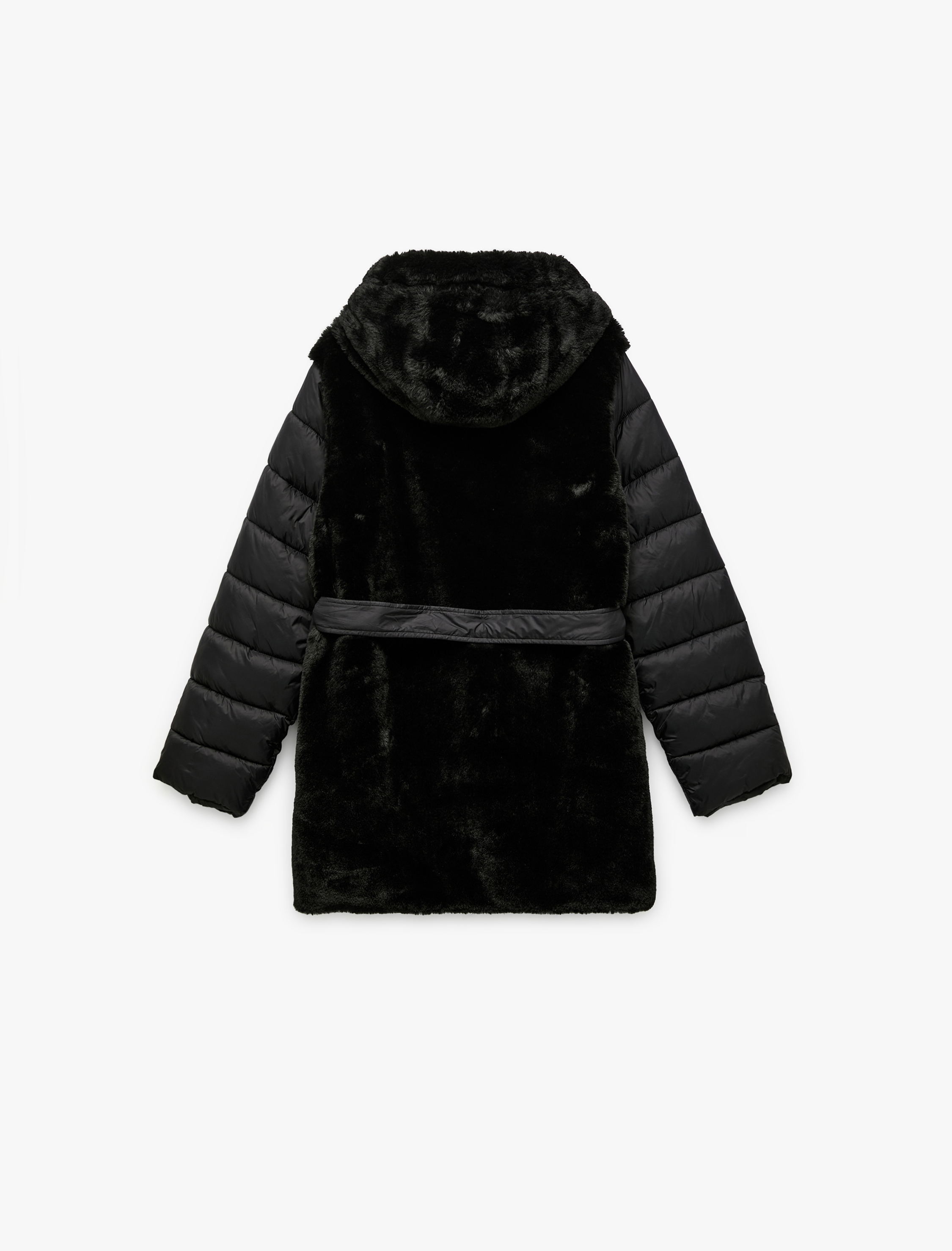   Kapüşonlu Kemer Detaylı Fermuarlı Suni Kürk Kaban