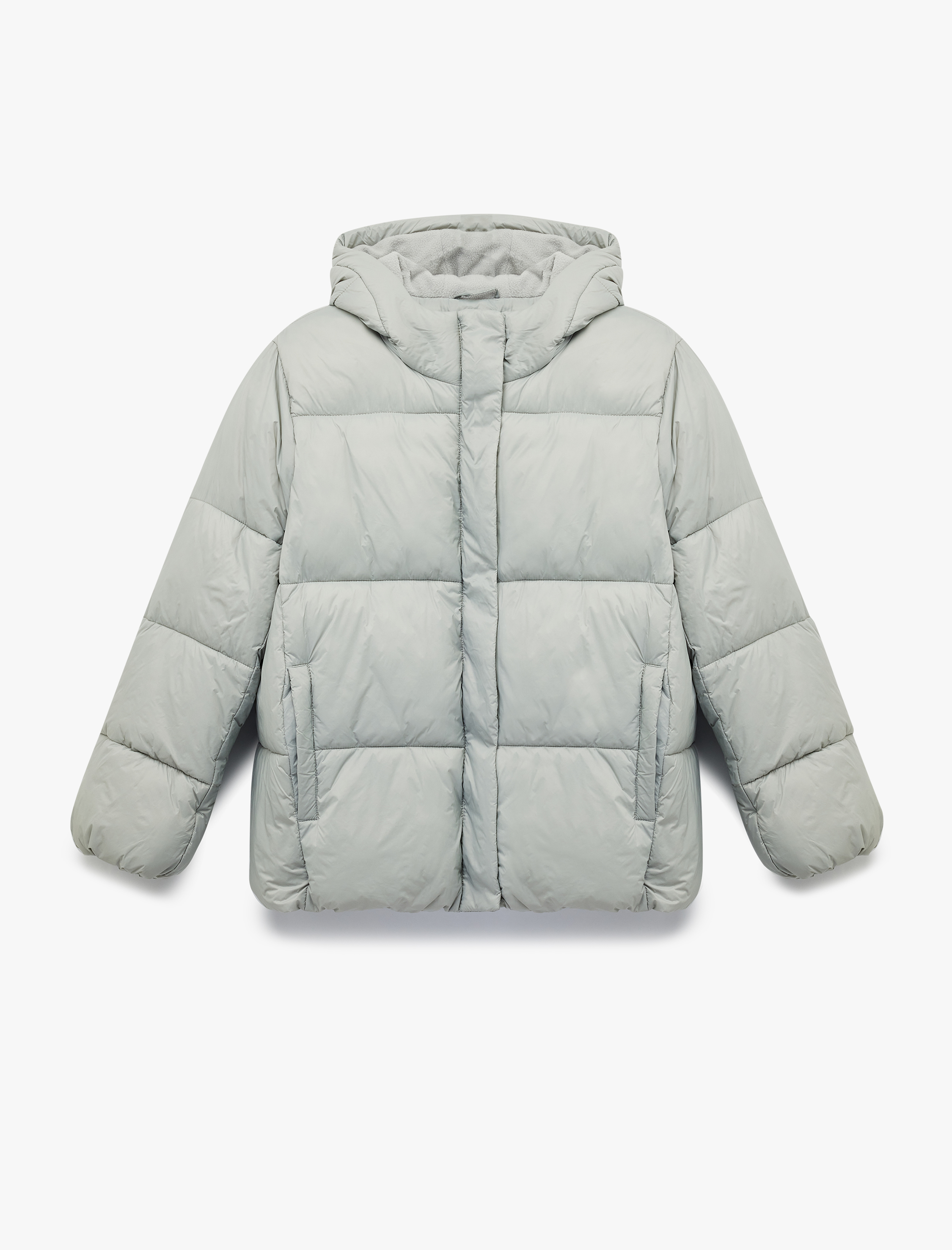   Kapüşonlu Uzun Kollu Cepli Fermuarlı Şişme Mont