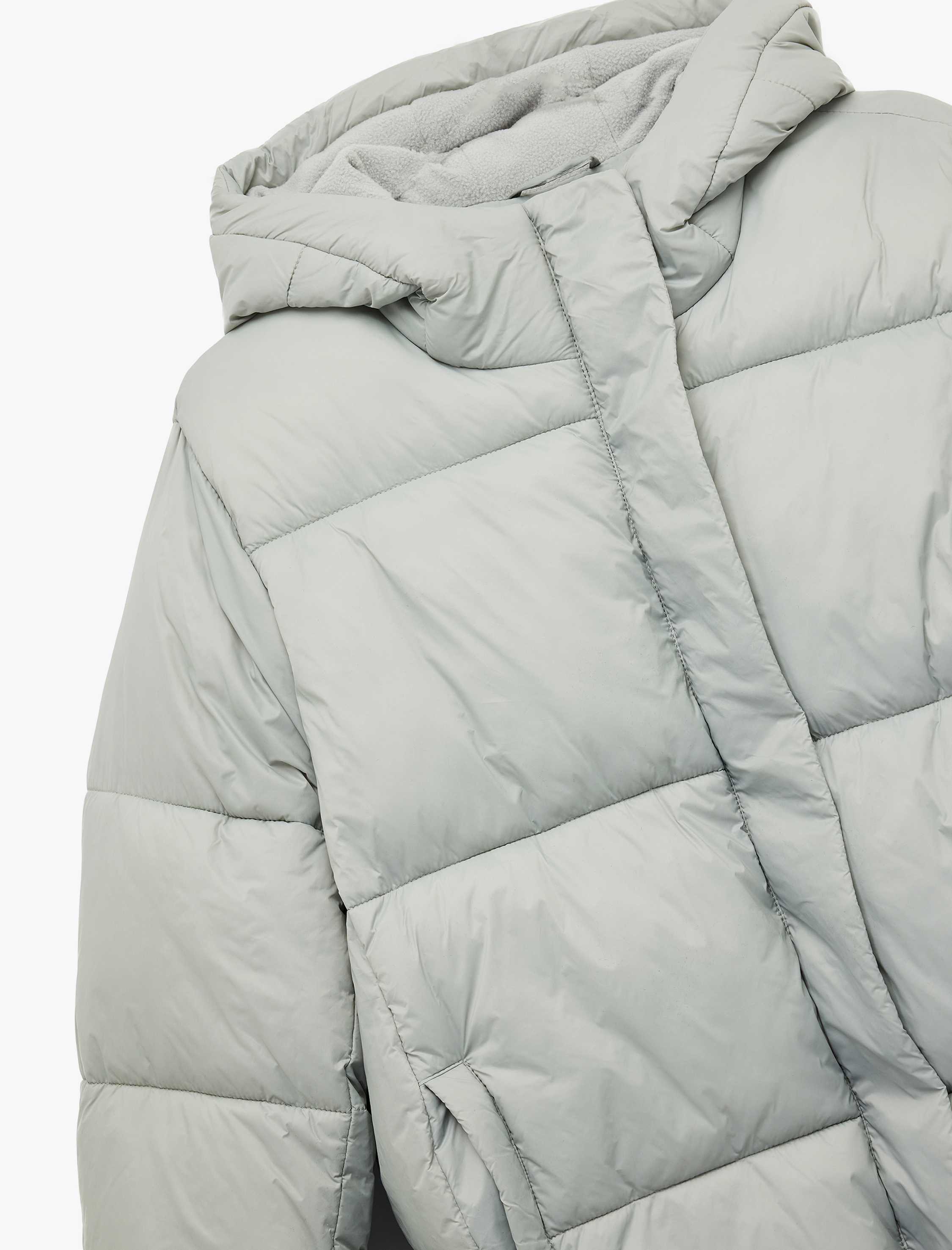   Kapüşonlu Uzun Kollu Cepli Fermuarlı Şişme Mont