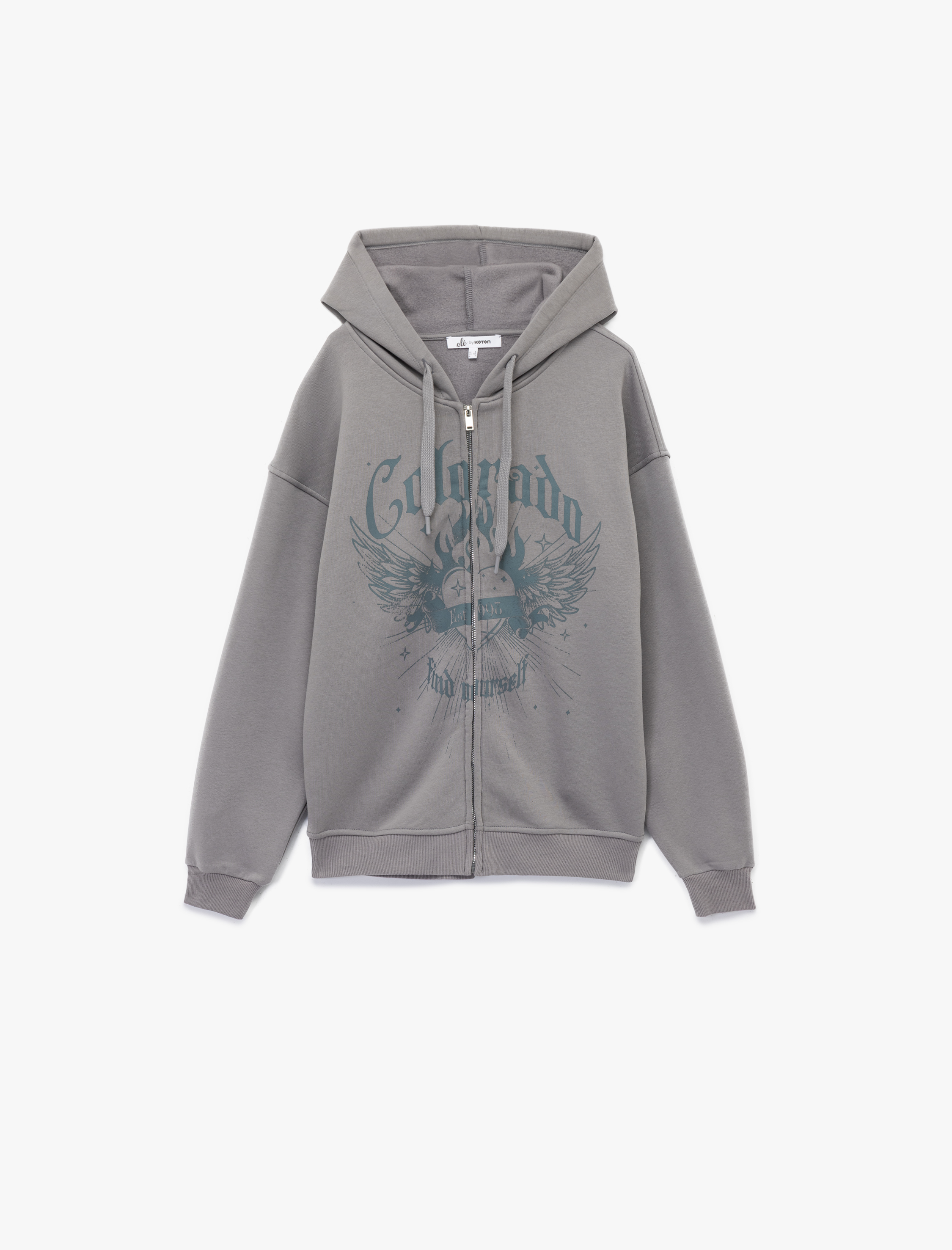   Uzun Kollu Kapüşonlu Şardonlu Fermuarlı Baskılı Oversize Sweatshirt