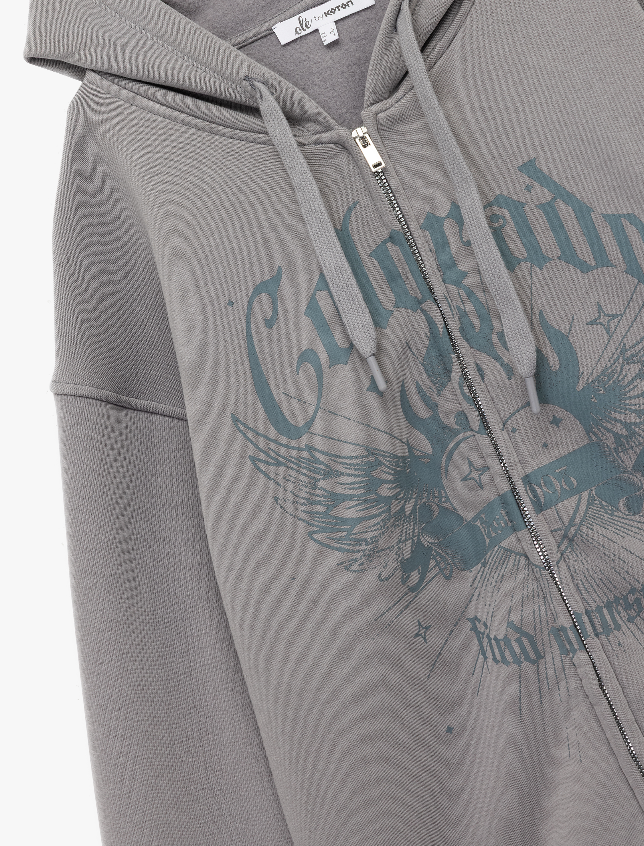   Uzun Kollu Kapüşonlu Şardonlu Fermuarlı Baskılı Oversize Sweatshirt