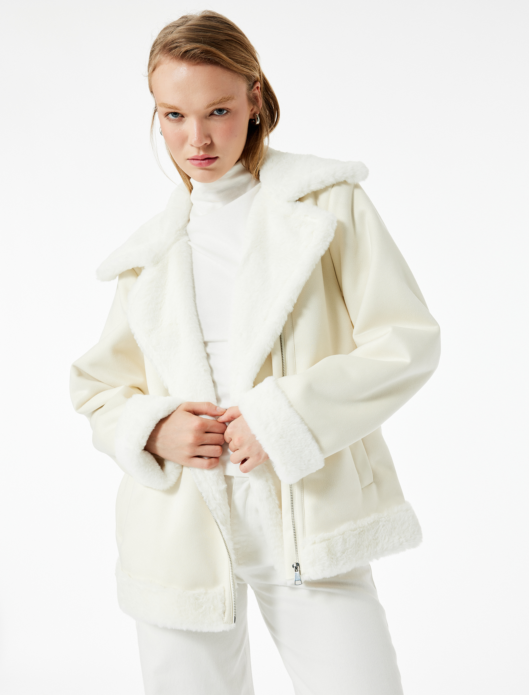   Suni Kürklü Yaka Fermuarlı Cepli Süet Görünümlü Biker Ceket