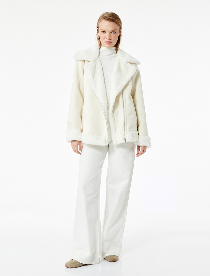  Suni Kürklü Yaka Fermuarlı Cepli Süet Görünümlü Biker Ceket