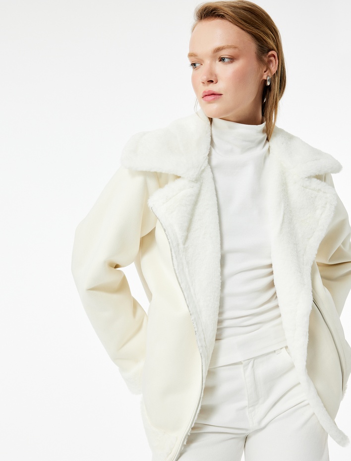  Suni Kürklü Yaka Fermuarlı Cepli Süet Görünümlü Biker Ceket