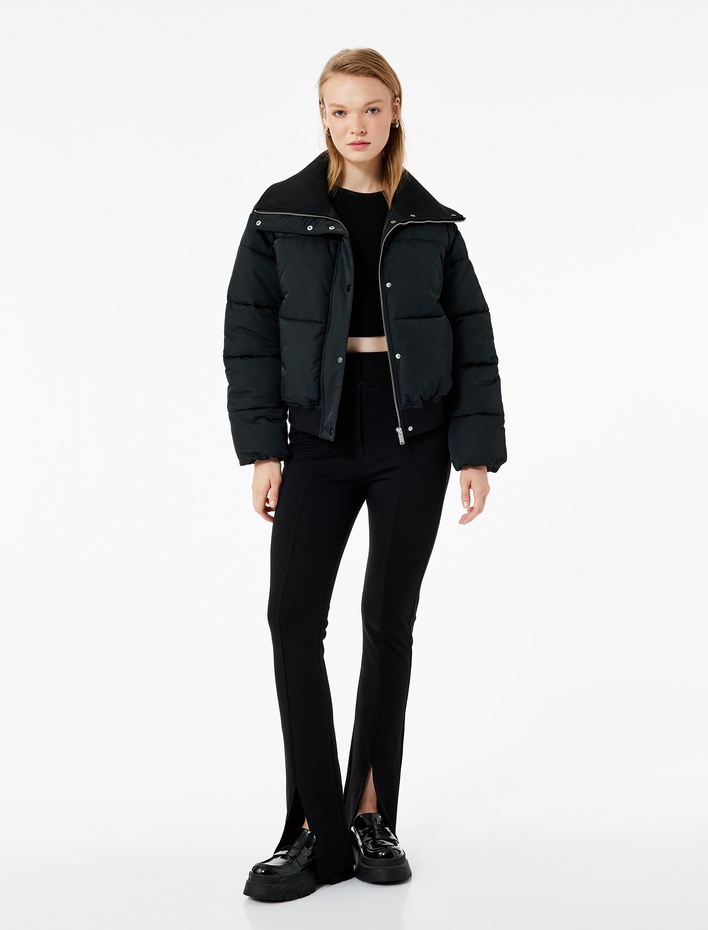  Fermuarlı Cep Detaylı Uzun Kollu Geniş Yaka Anorak Şişme Mont