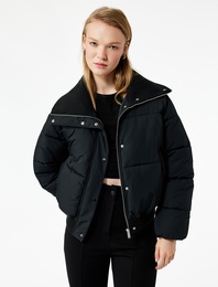 Fermuarlı Cep Detaylı Uzun Kollu Geniş Yaka Anorak Şişme Mont