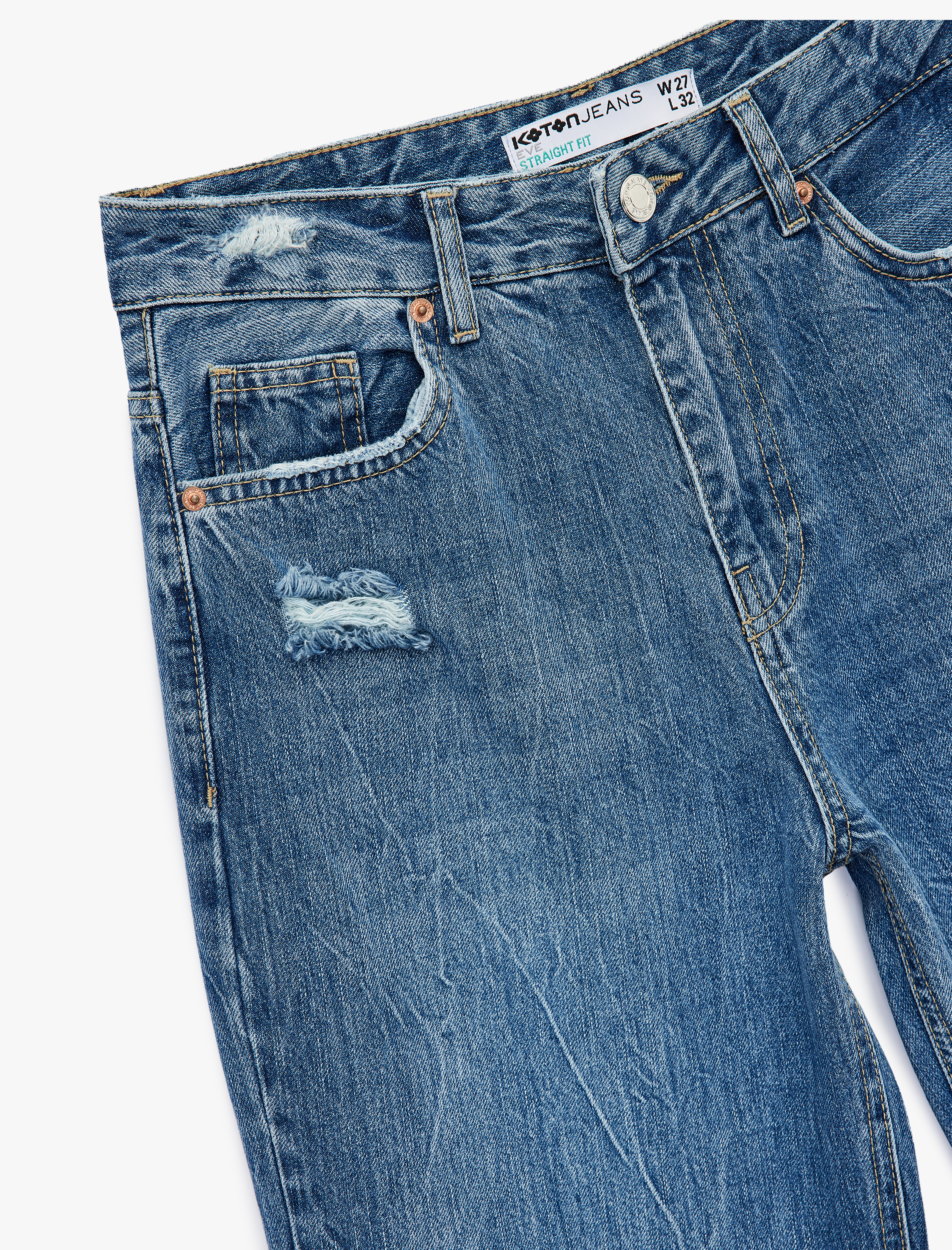   Yıpratılmış Pamuklu Düz Paça Straight Fit Jean Pantolon  - Straight Jeans