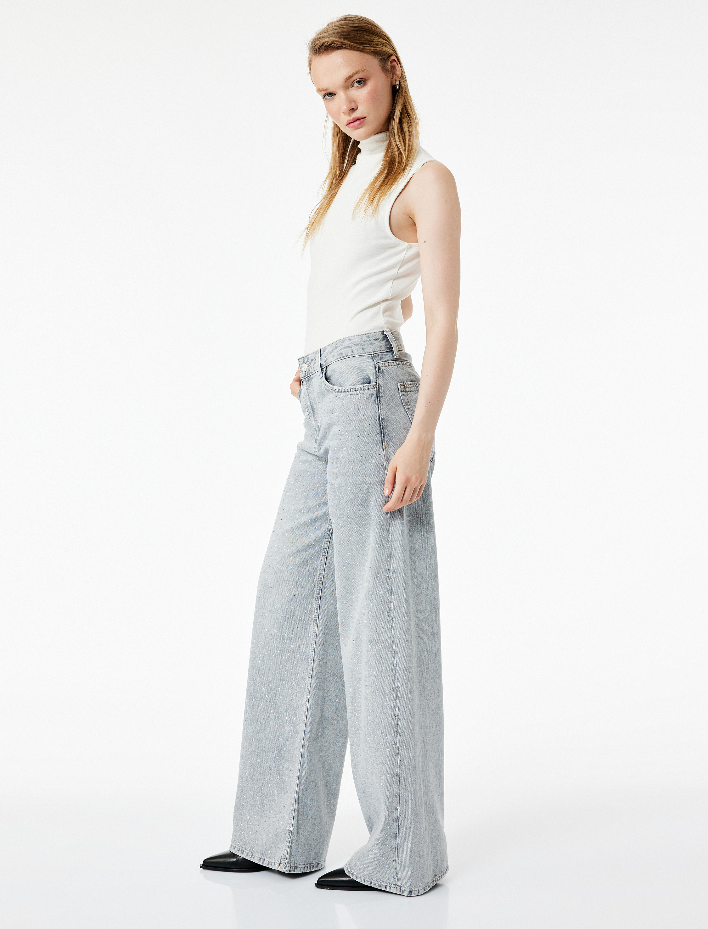   Taş Detaylı Geniş Paça Denim Pantolon - Bianca Wide Leg Jeans