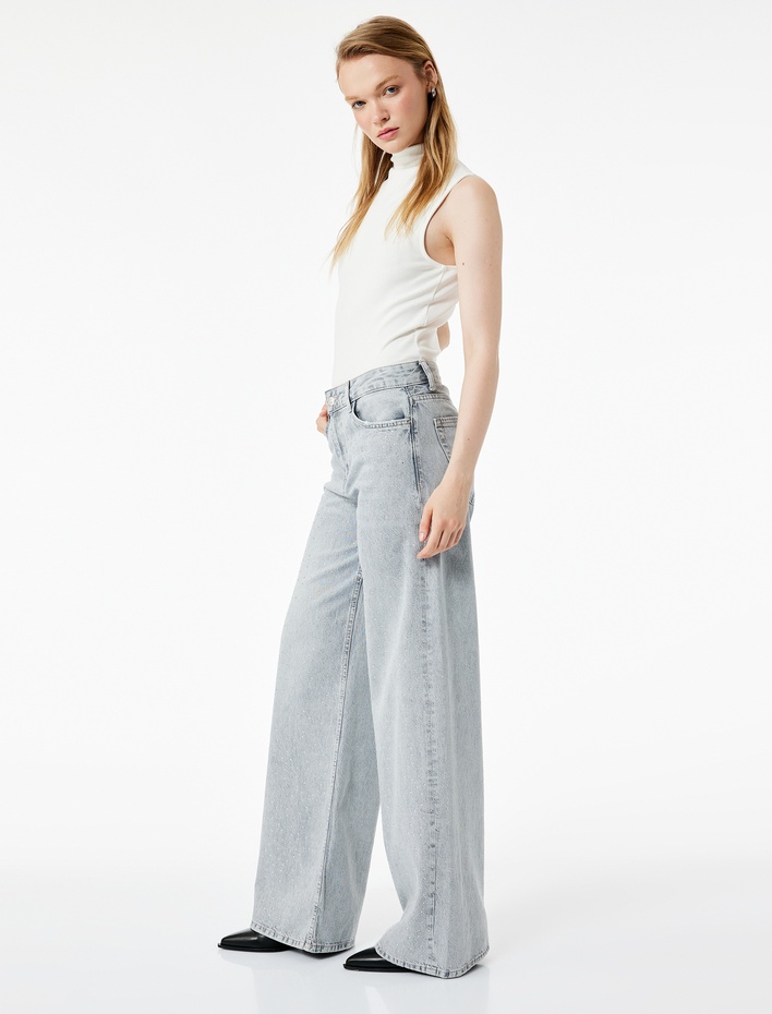  Taş Detaylı Geniş Paça Denim Pantolon - Bianca Wide Leg Jeans