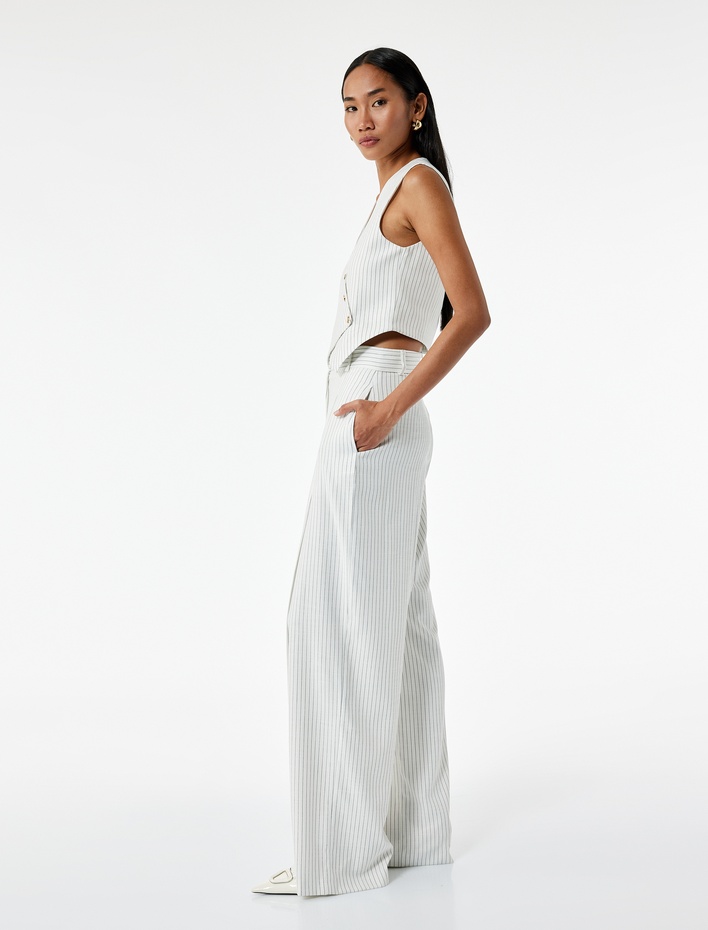  Cepli Pile Detaylı Çizgili Yüksek Bel Palazzo Pantolon