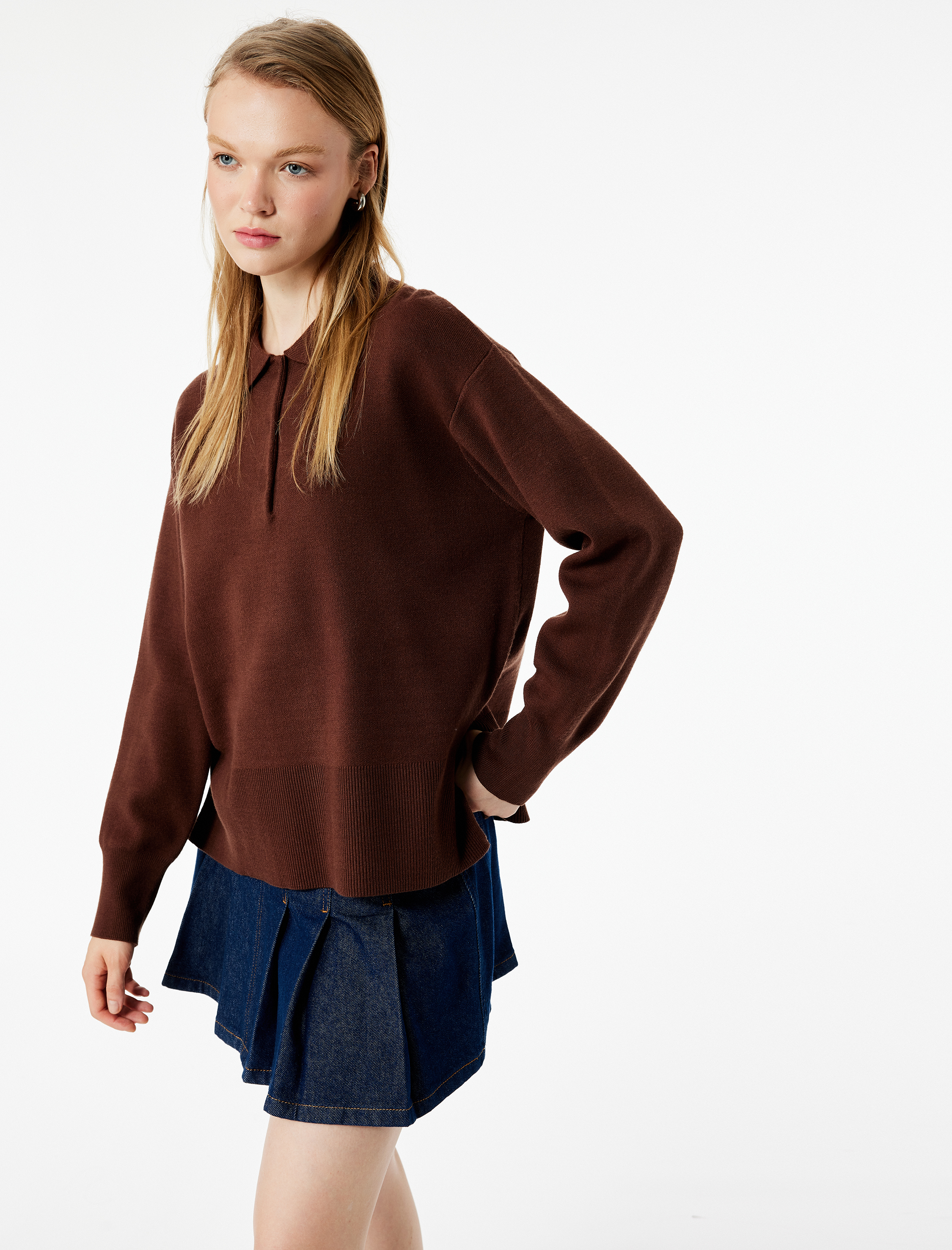   Uzun Kollu Düğme Detaylı Basic Polo Yaka Triko Kazak