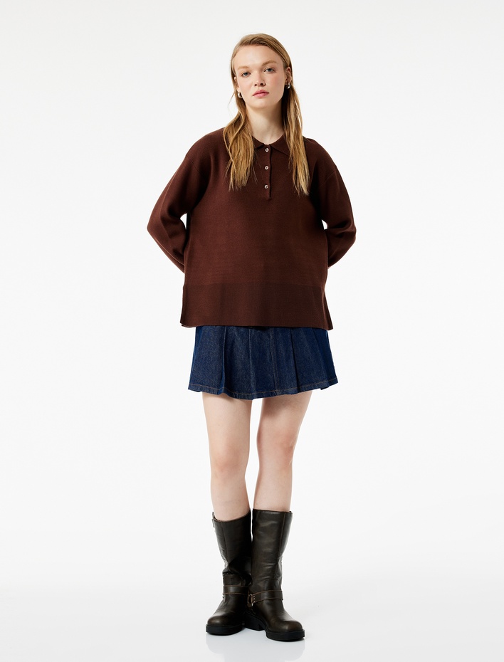  Uzun Kollu Düğme Detaylı Basic Polo Yaka Triko Kazak