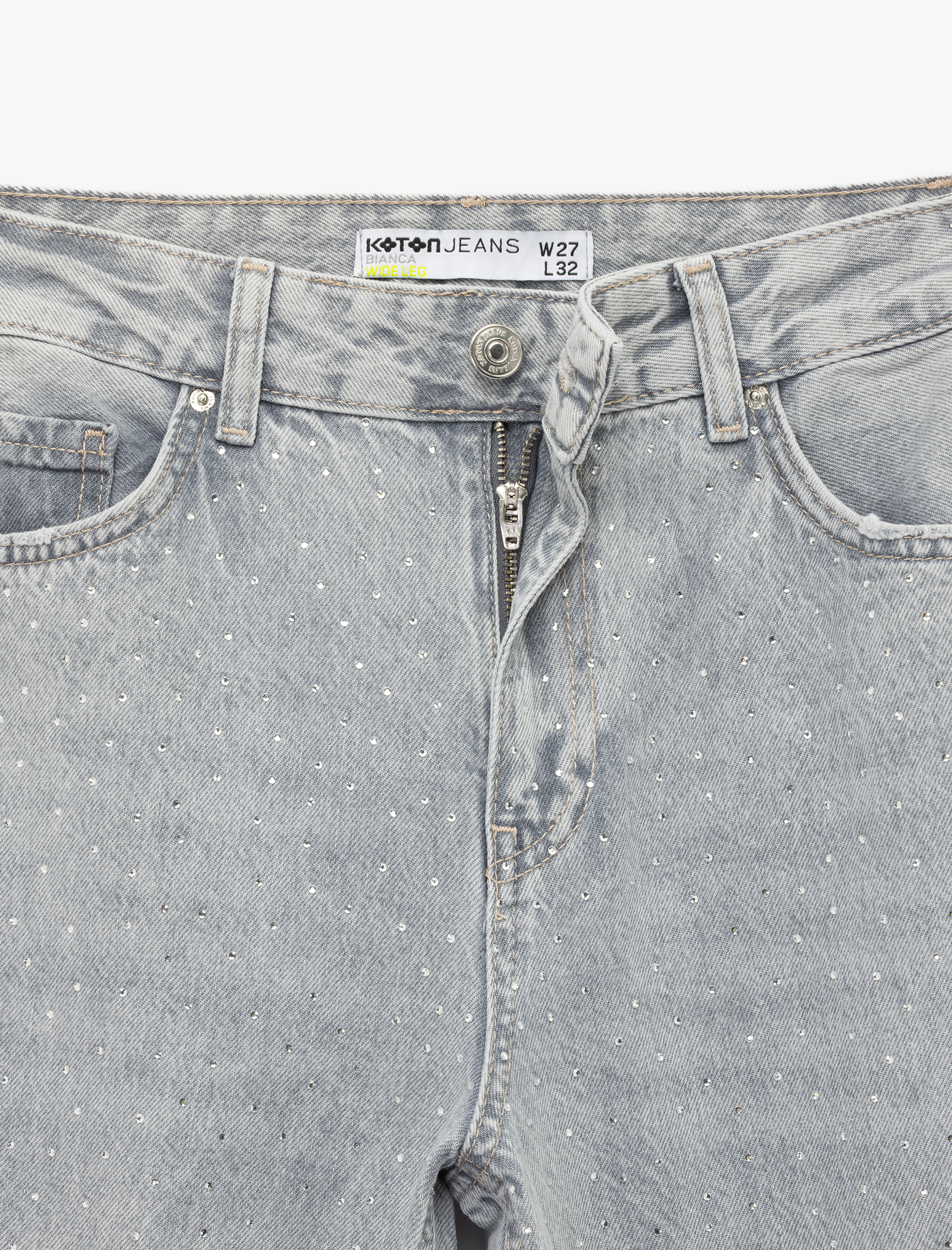   Taş Detaylı Geniş Paça Denim Pantolon - Bianca Wide Leg Jeans