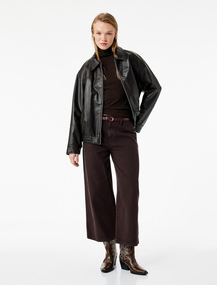  Pamuklu Geniş Paça Kemerli Crop Pantolon - Wide Leg Jeans