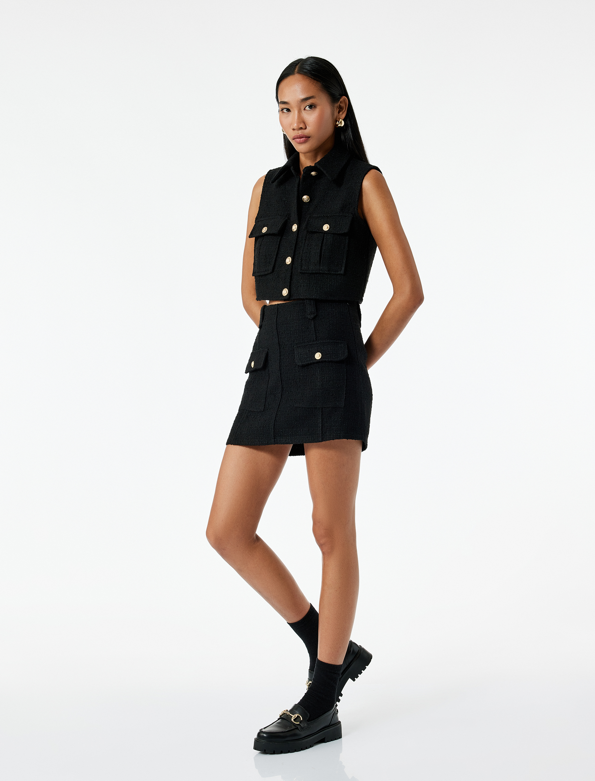   Düğmeli Cepli Kolsuz Gömlek Yaka Tüvit Crop Yelek