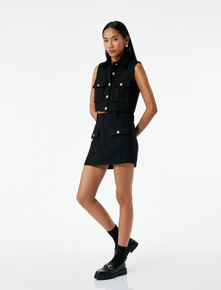  Düğmeli Cepli Kolsuz Gömlek Yaka Tüvit Crop Yelek