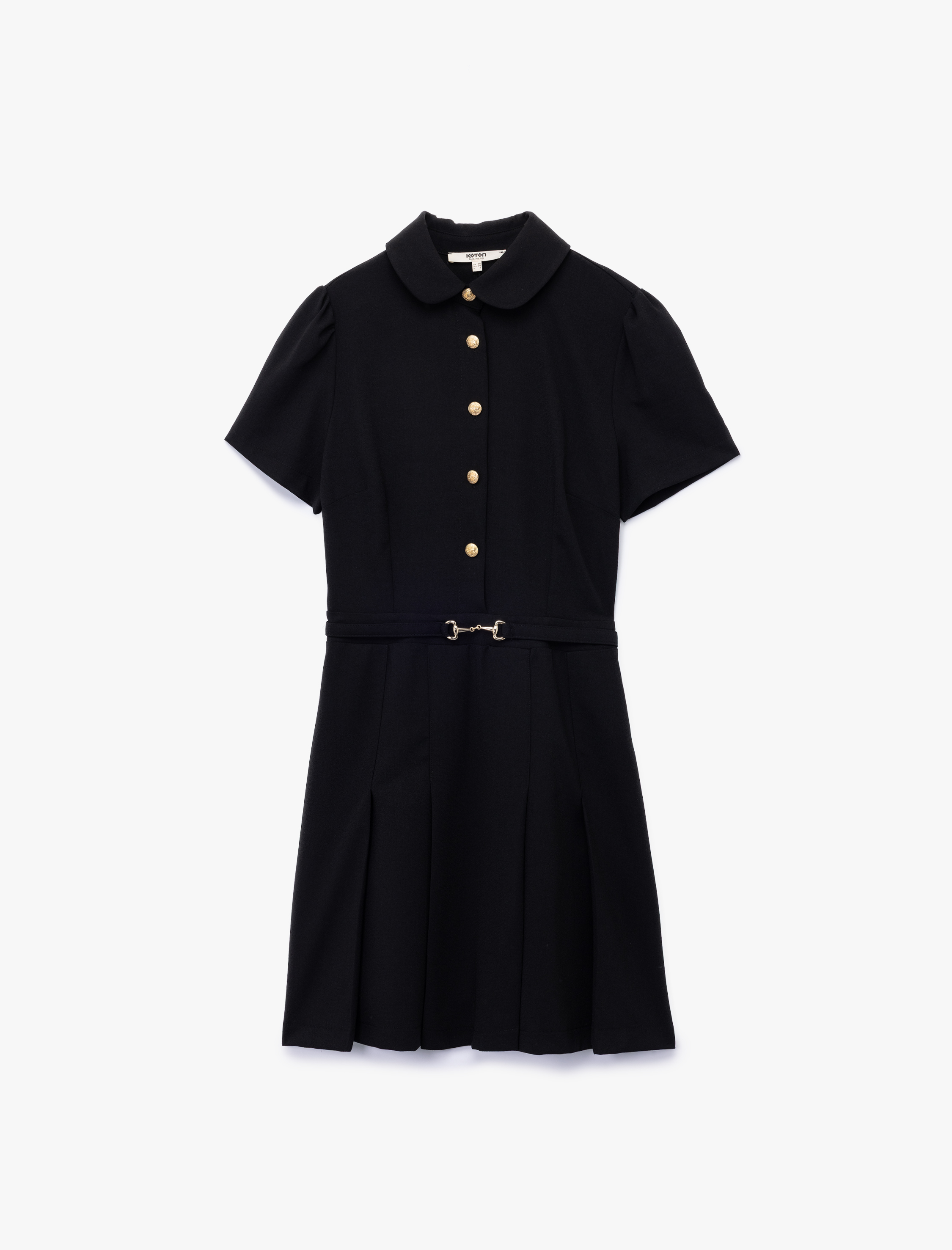   Metal Aksesuarlı Düğmeli Kısa Kollu Polo Yaka Pileli Mini Elbise