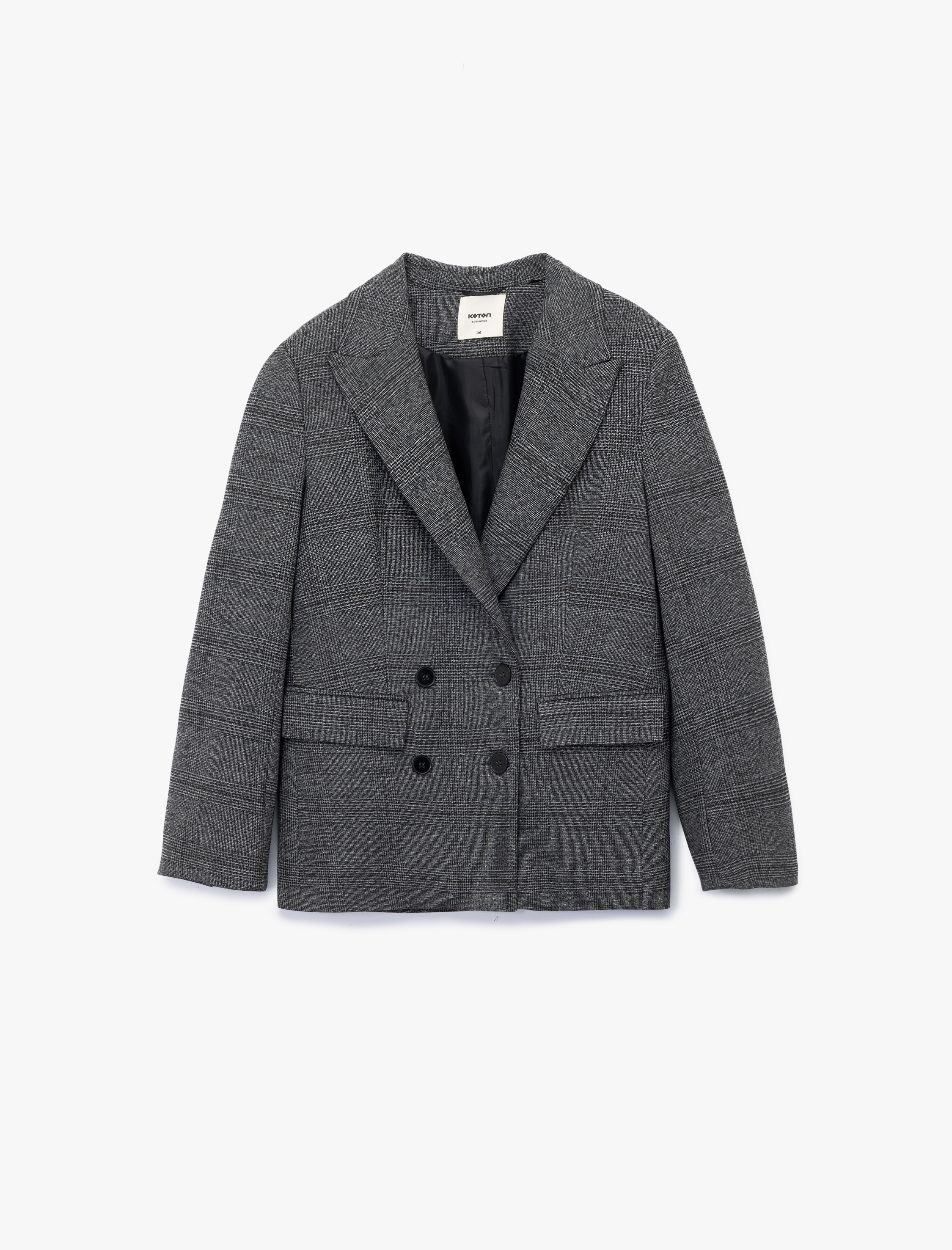   Uzun Kollu Cepli Kruvaze Ekose Blazer Ceket