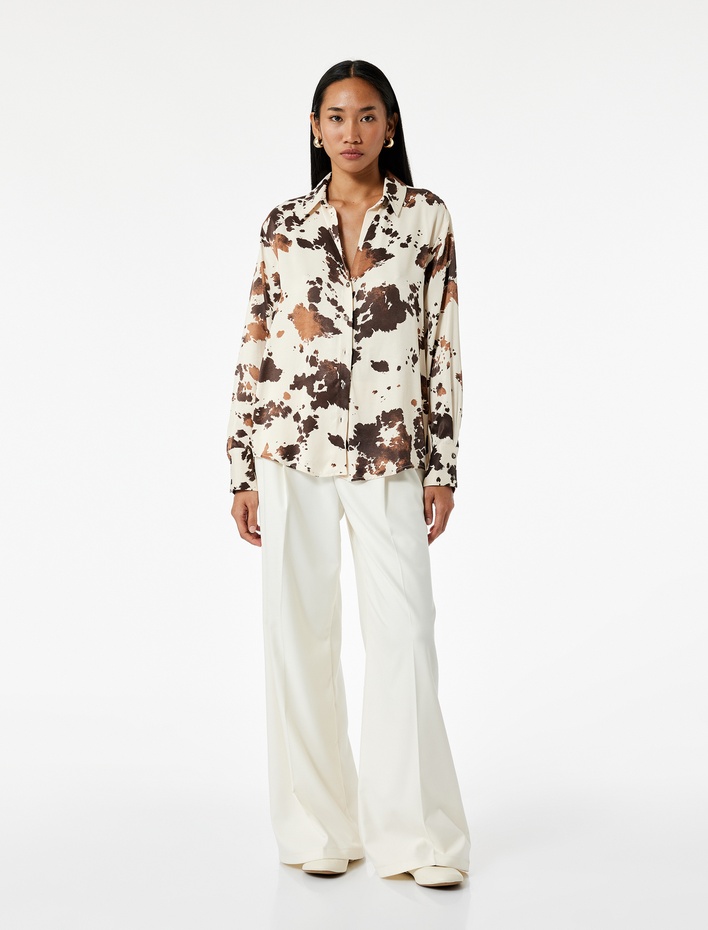  Viskon Kumaş Uzun Kollu Desenli Saten Gömlek