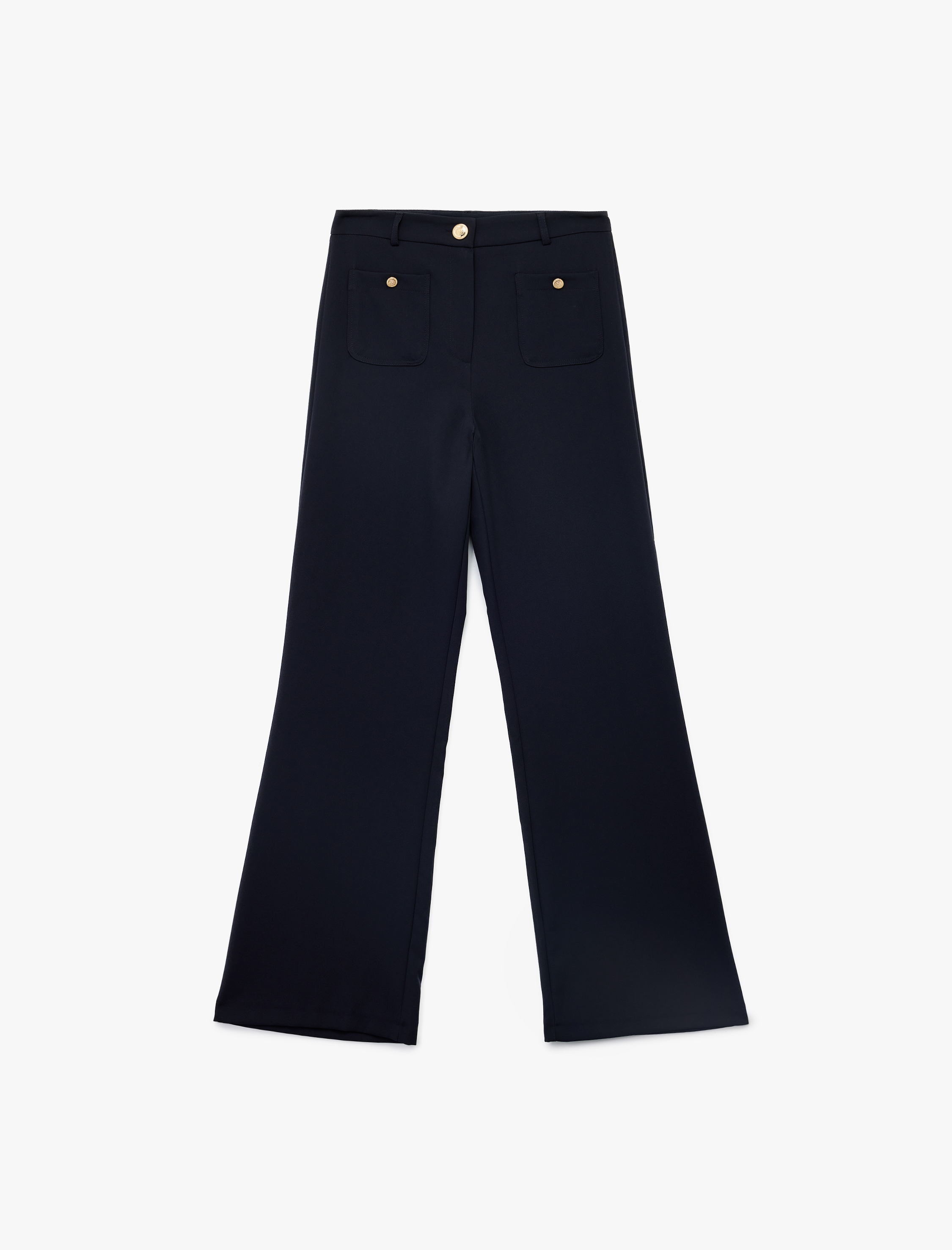   Düğme Detaylı Aplike Cepli Düz Bol Paça Kumaş Pantolon