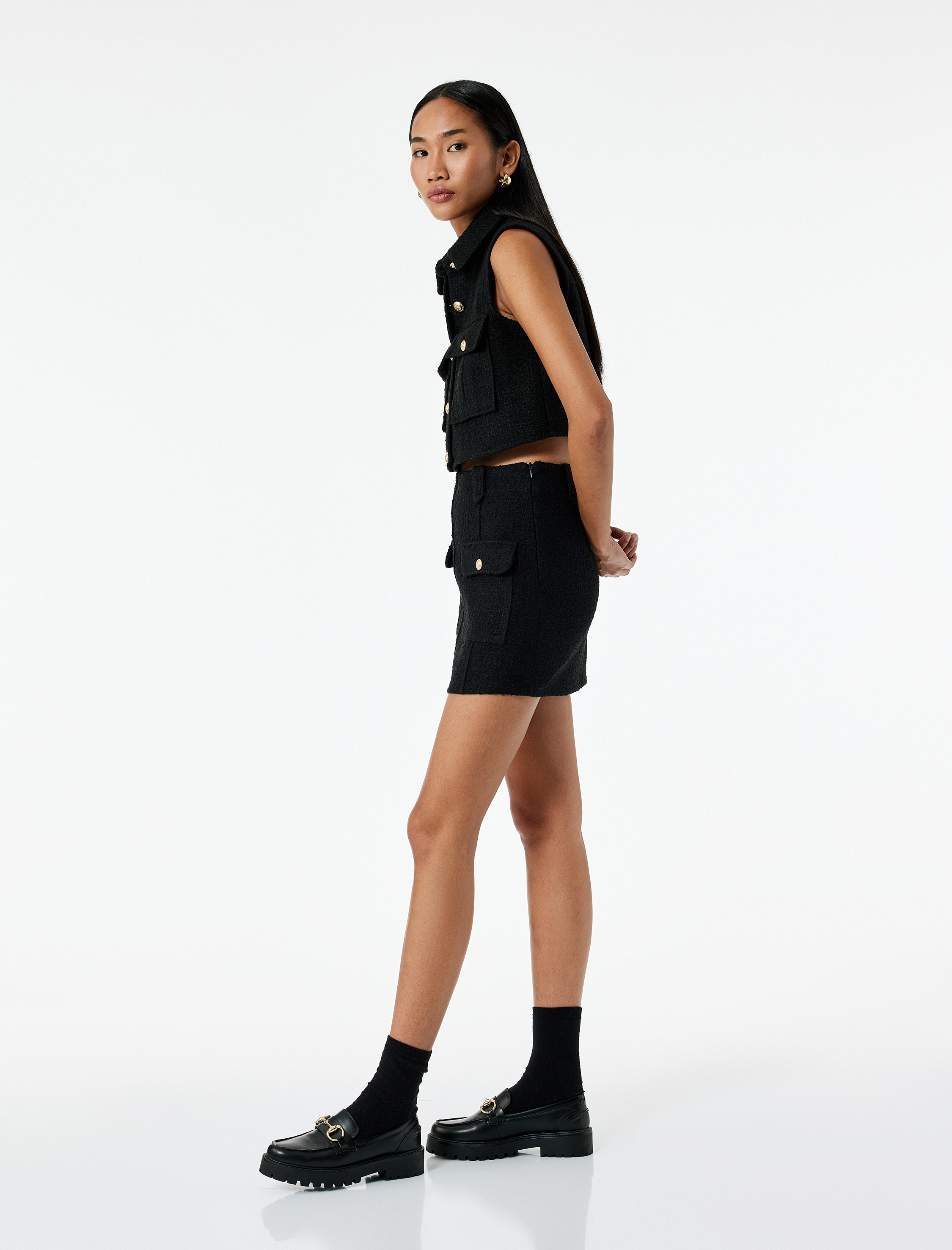   Düğmeli Cep Detaylı A Kesim Mini Tüvit Etek