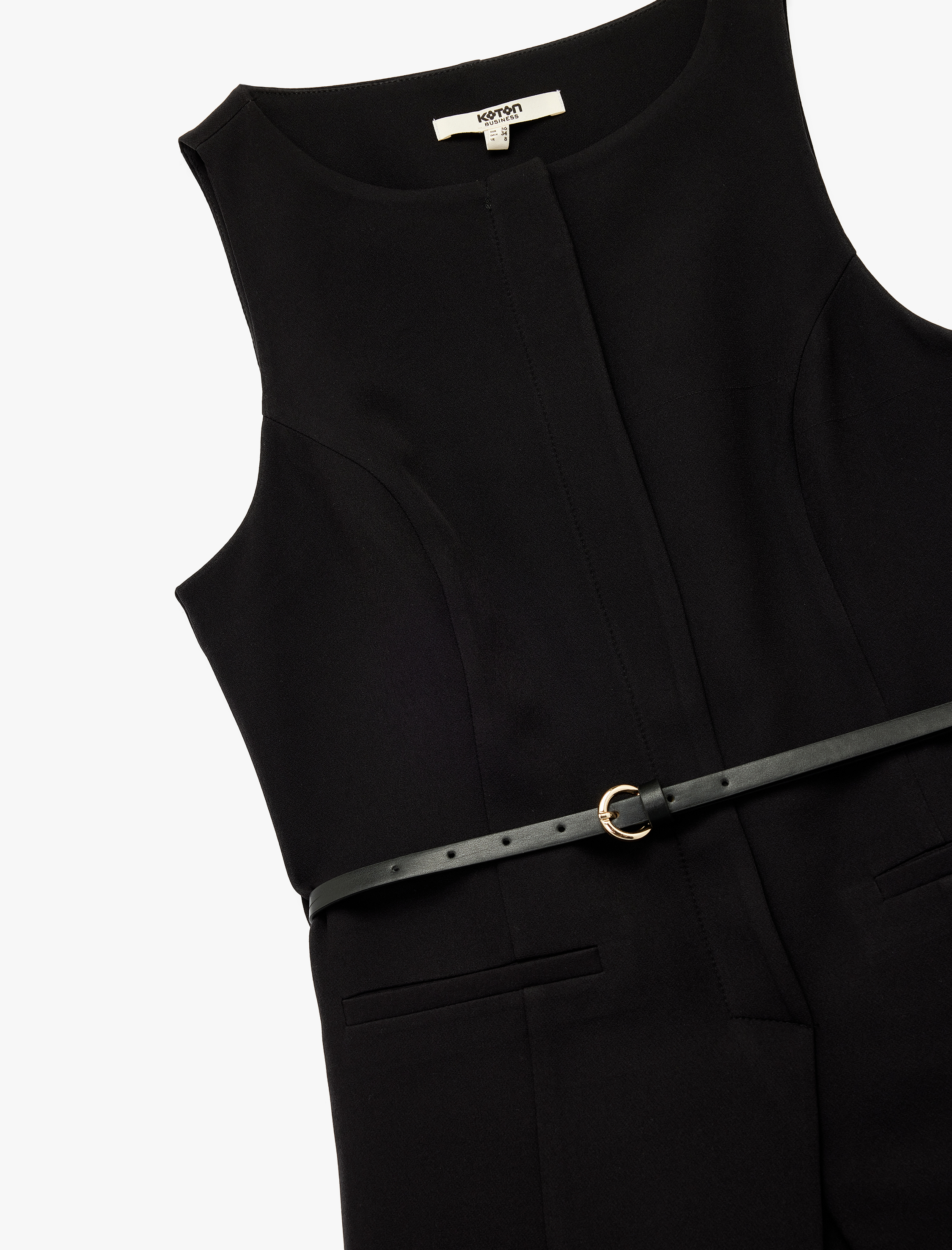   Yuvarlak Yaka Katmanlı Kolsuz Kemerli Mini Elbise