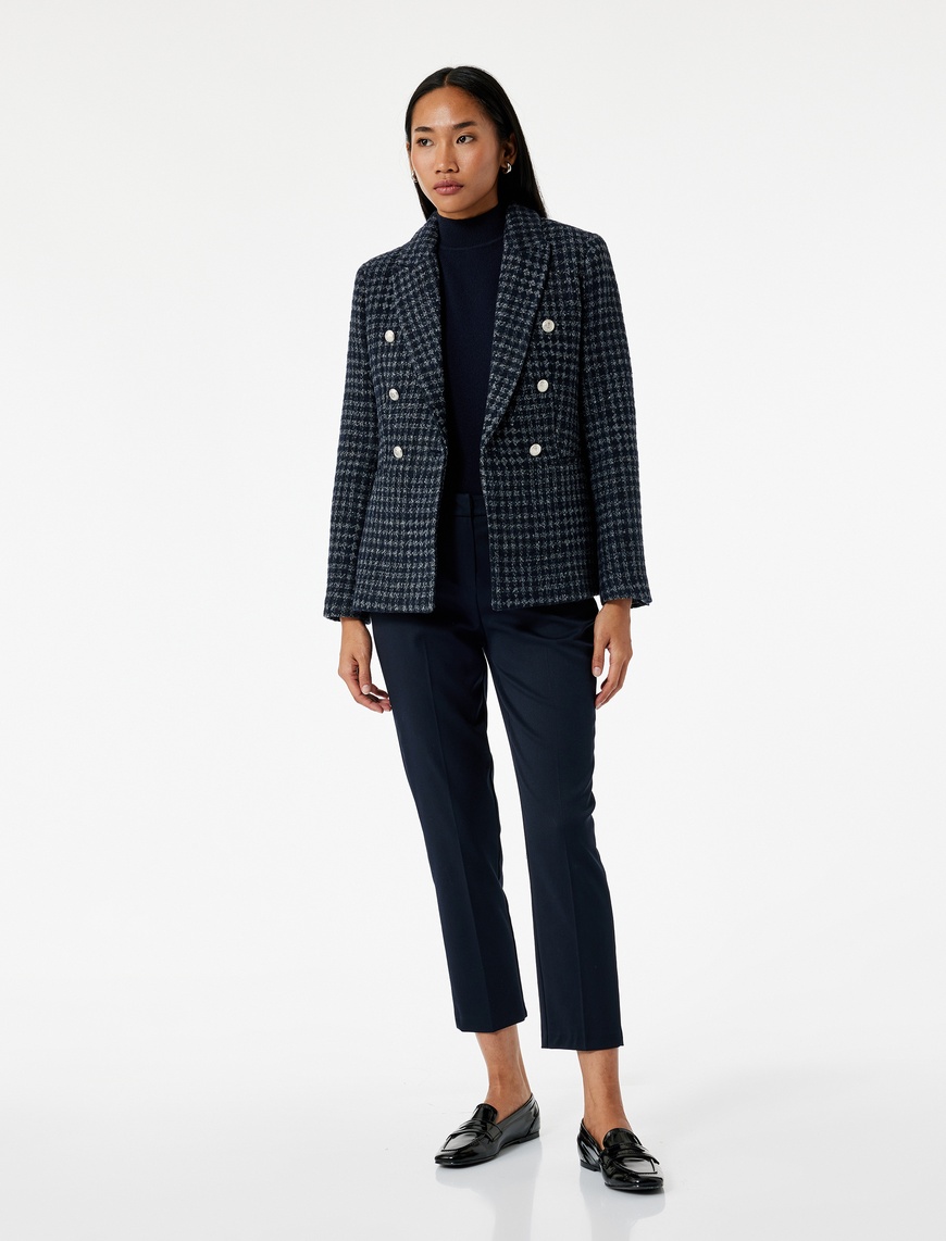   Kruvaze Yaka Cepli Uzun Kollu Ekose Tüvit Kısa Blazer Ceket