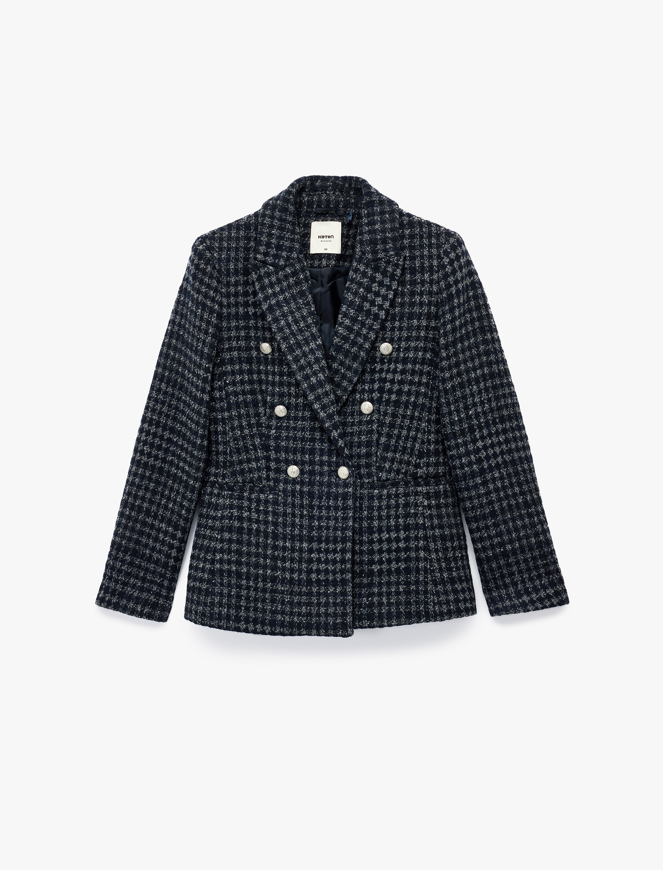   Kruvaze Yaka Cepli Uzun Kollu Ekose Tüvit Kısa Blazer Ceket