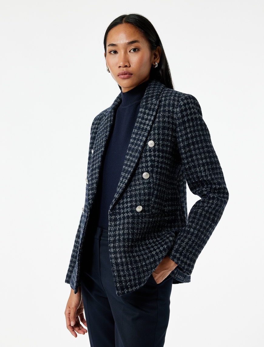   Kruvaze Yaka Cepli Uzun Kollu Ekose Tüvit Kısa Blazer Ceket