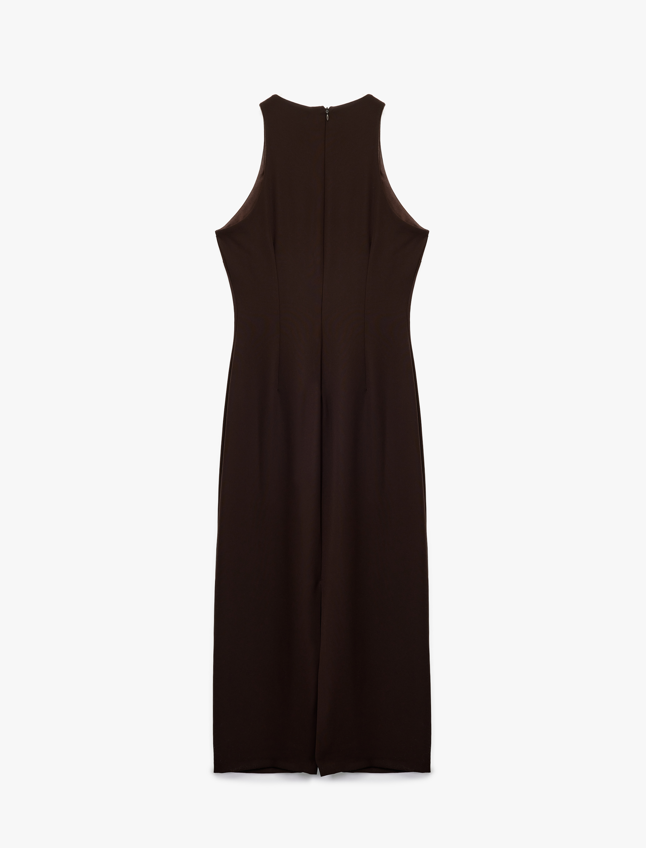   Krep Kumaş Aksesuar Detaylı Kolsuz Halter Yaka Uzun Elbise