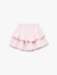 Beli Lastikli Katlı Dantel Detaylı Mini Etek