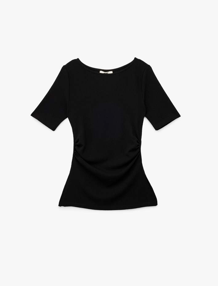  Slim Fit Kısa Kollu Bisiklet Yaka Drape Detaylı Tişört