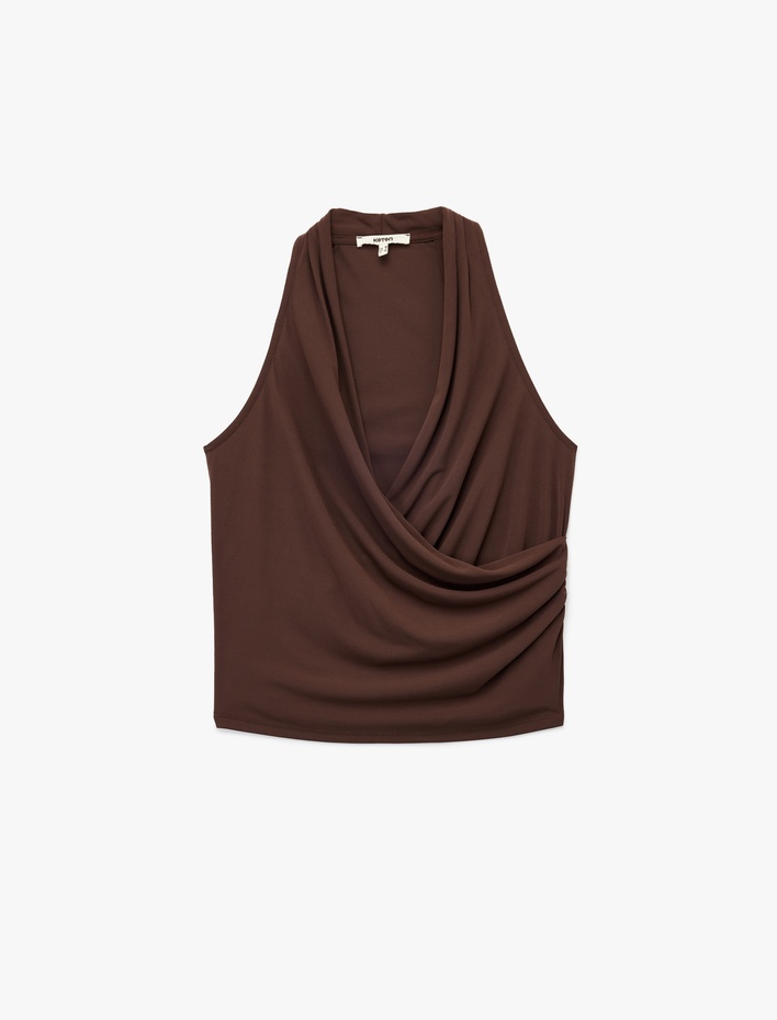  Kruvaze Yaka Kolsuz Drape Detaylı Bluz