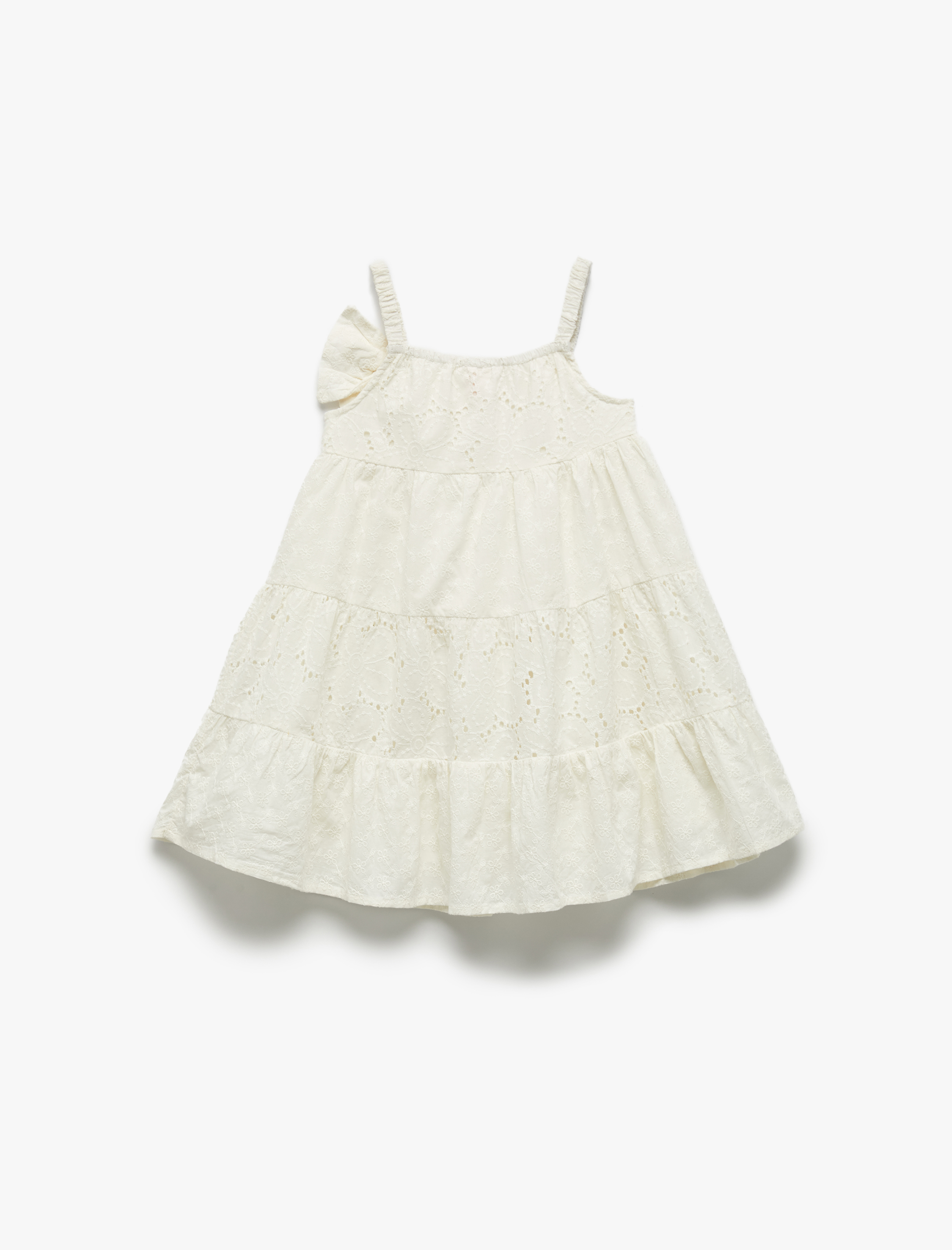  Kız Bebek Pamuklu Kare Yaka Brodeli A Kesim Fiyonklu Askılı Elbise