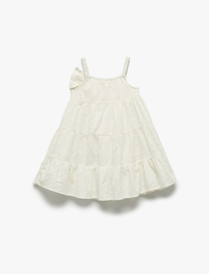 Kız Bebek Pamuklu Kare Yaka Brodeli A Kesim Fiyonklu Askılı Elbise