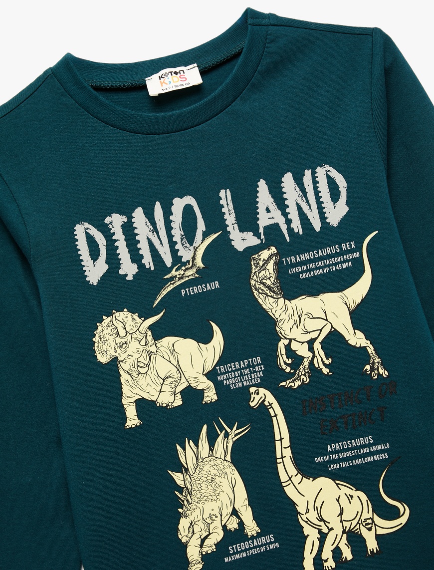  Erkek Çocuk Uzun Kollu Bisiklet Yaka Pamuklu Dinozor Baskılı Tişört