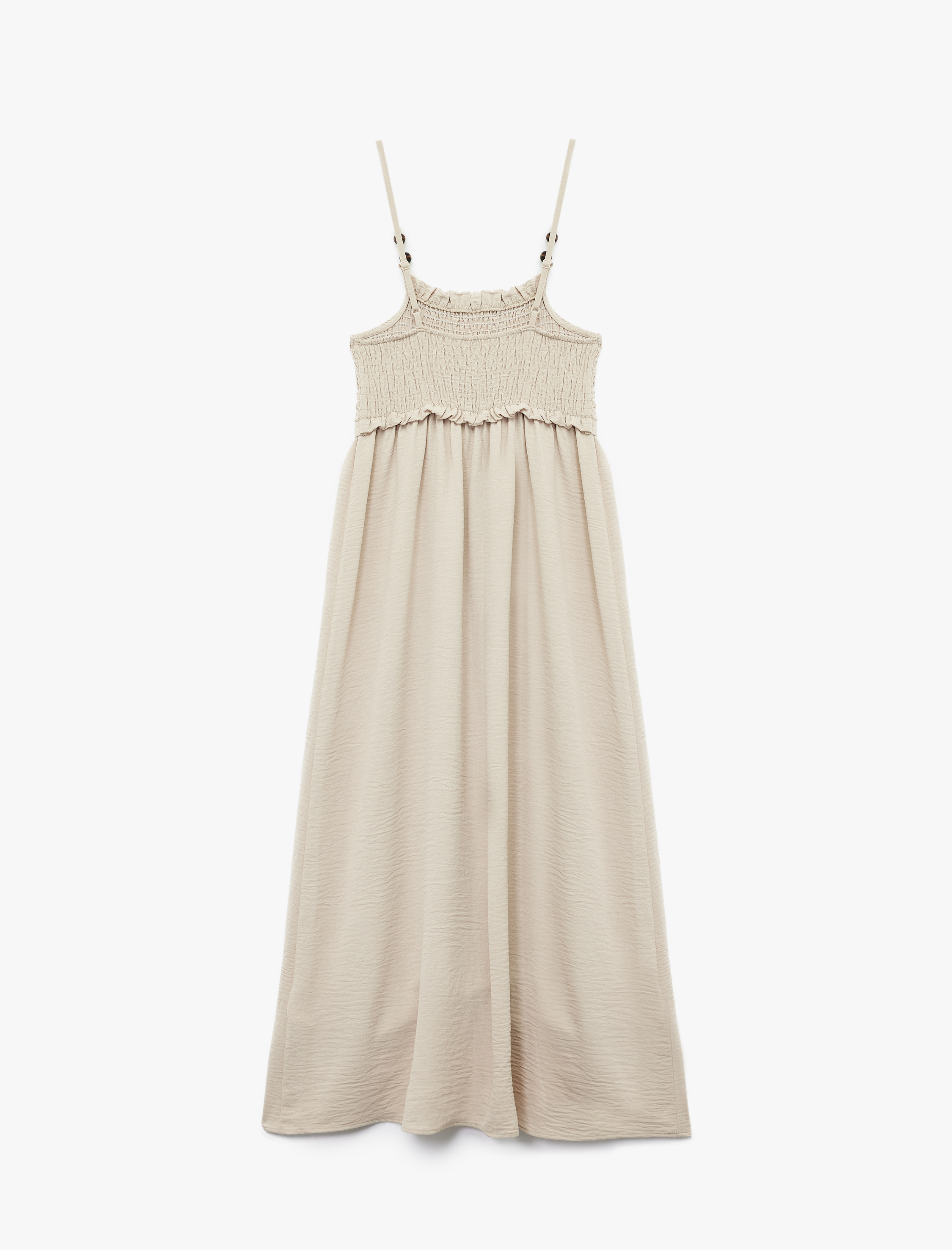   Aerobin Kumaş Rahat Kalıp Boncuk Detaylı Gipeli Midi İnce Askılı Elbise