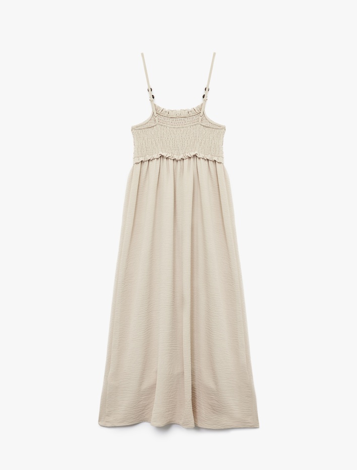  Aerobin Kumaş Rahat Kalıp Boncuk Detaylı Gipeli Midi İnce Askılı Elbise